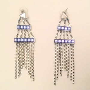 Silver & Blue Chain Statement Pieced Earrings 3" Artist Design Wedding Earrings